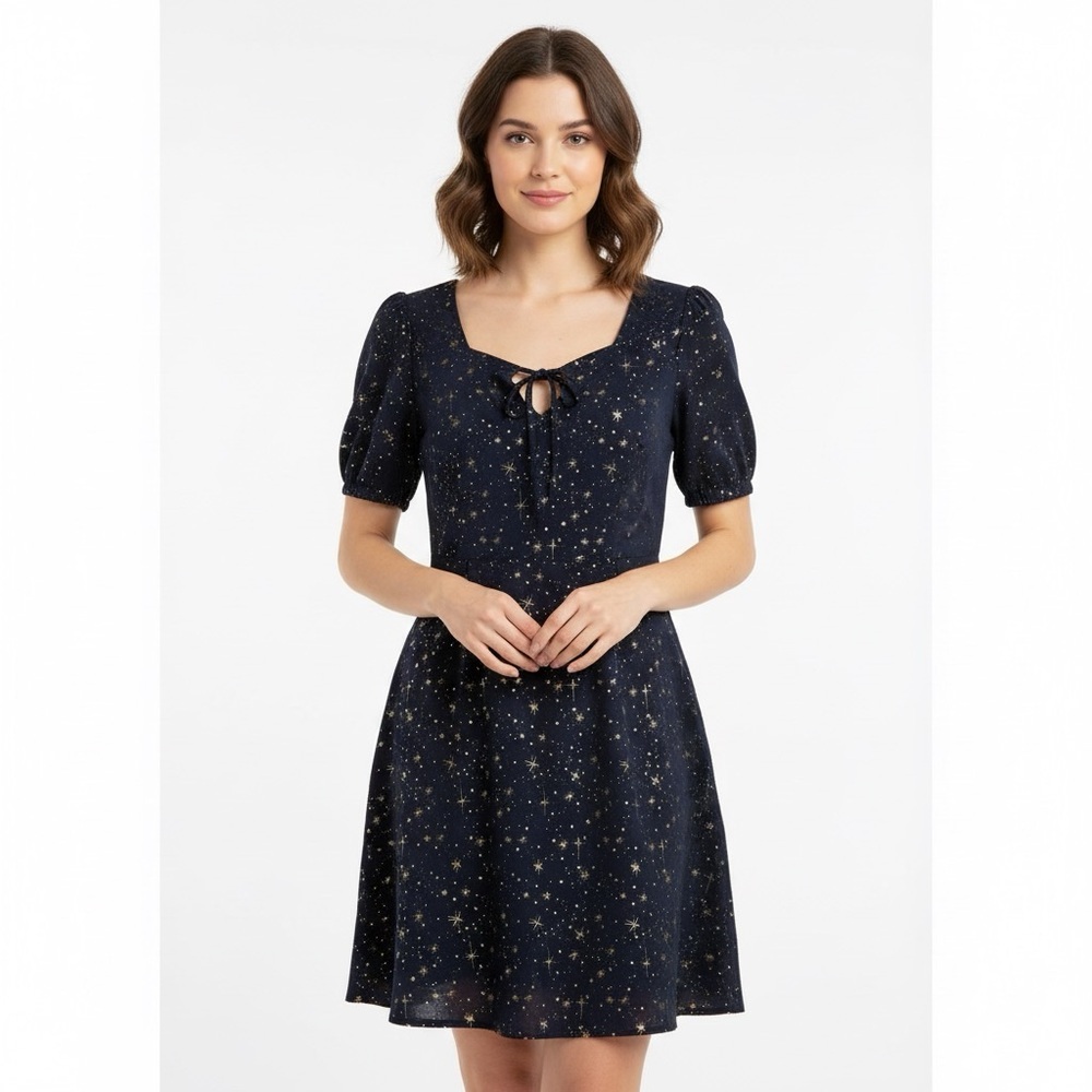 Allegra K Women's Star Print A-Line Short Dress Blue Gold Stars Size M
